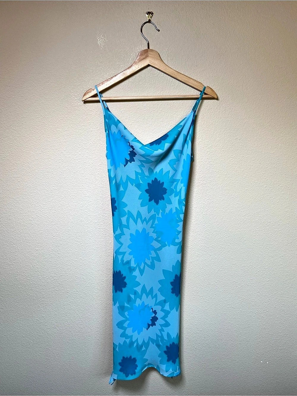 Vintage Express Y2K Floral Cowl Neck Midi Slip Dress Blue Size 1/2